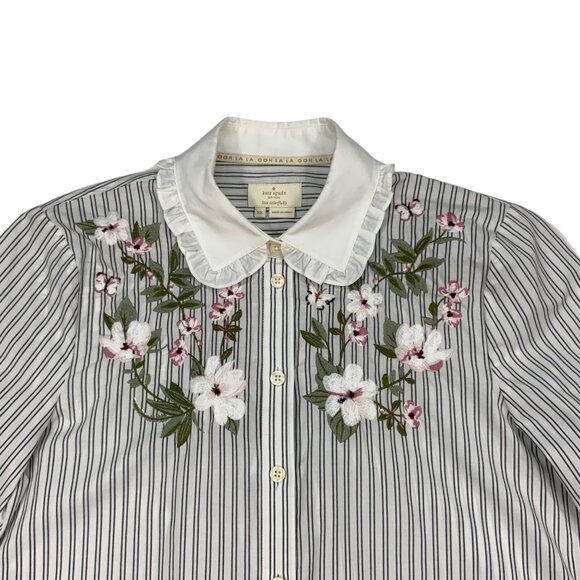 Kate Spade Embroidered Ruffle Top Blouse XS White Black Stripe Floral - Picture 5 of 14